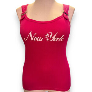Deb Juniors Plus 1X Hot Pink Ribbed New York Sparkle Buckle Strap‎ Tank Top Y2K